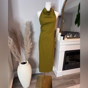 Elegant Olive Green Halter Dress